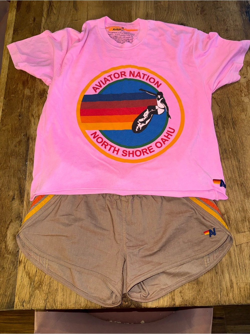 Aviator Nation Taupe Athletic Shorts with Rainbow Stripe Accents - Picture 4 of 4